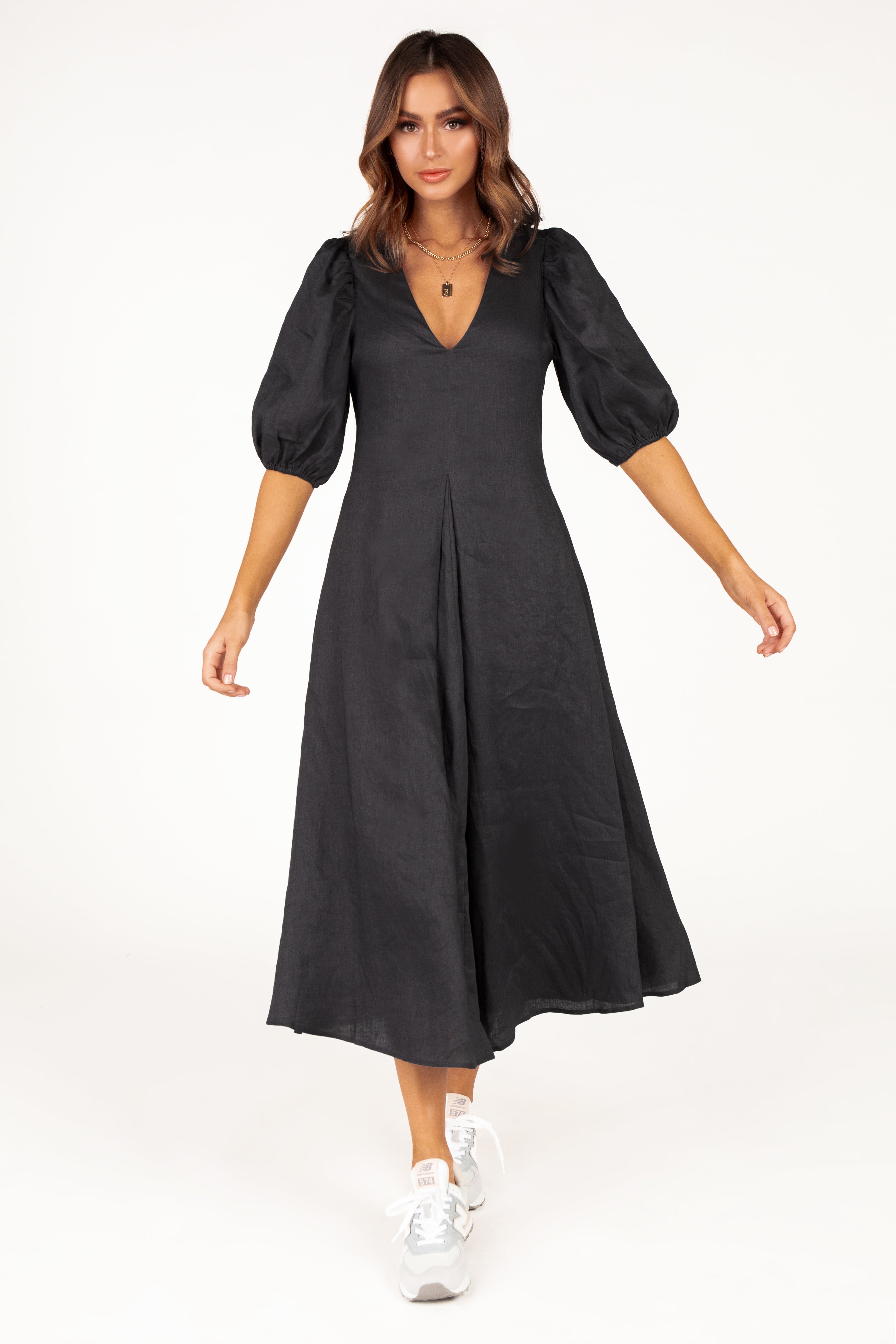 SARA NAVY LINEN MIDI DRESS | Dissh